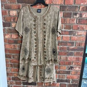 Womens button up rayon embroidered top and skirt set brown small